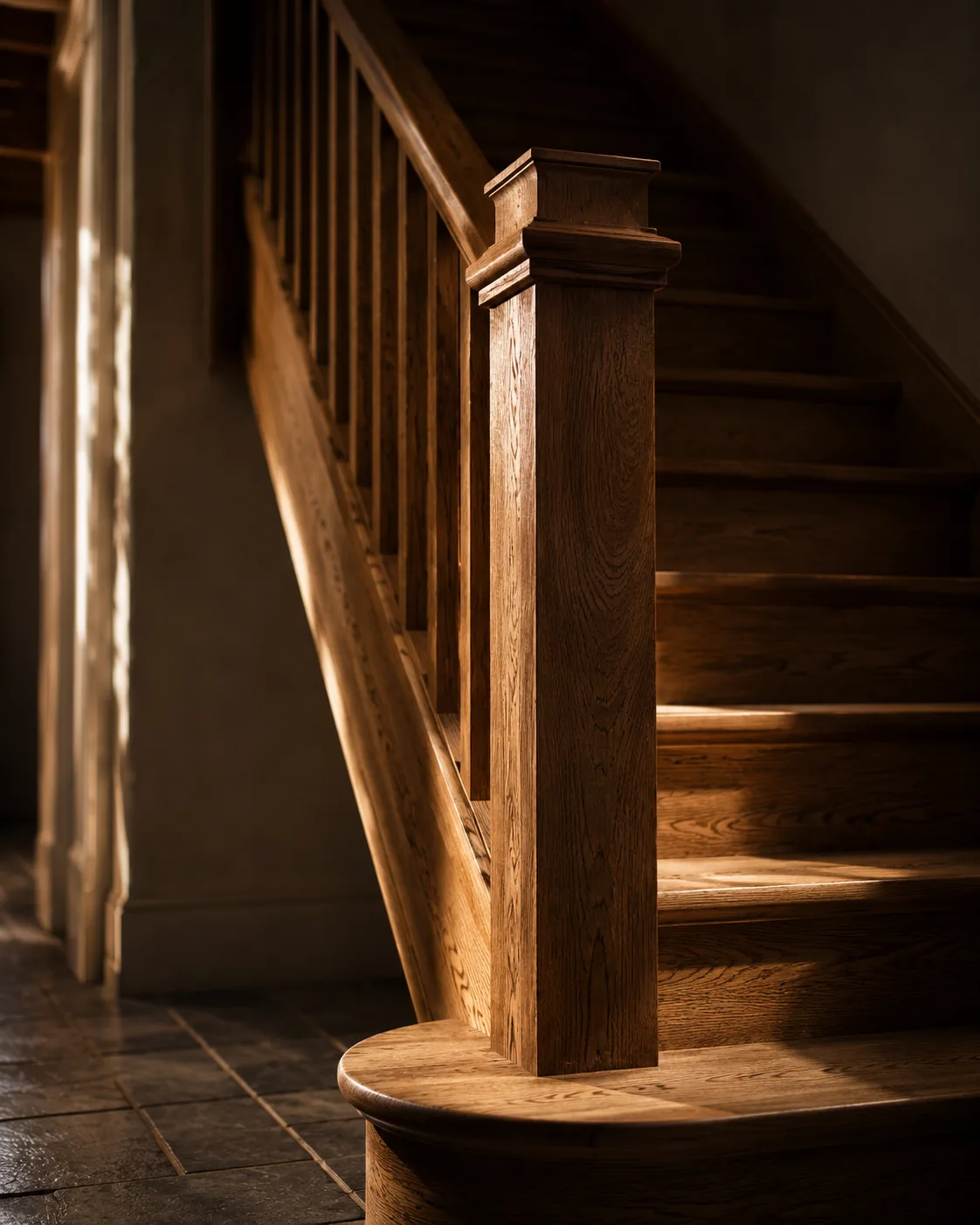 Oak staircase newel post by Marlborough Builders