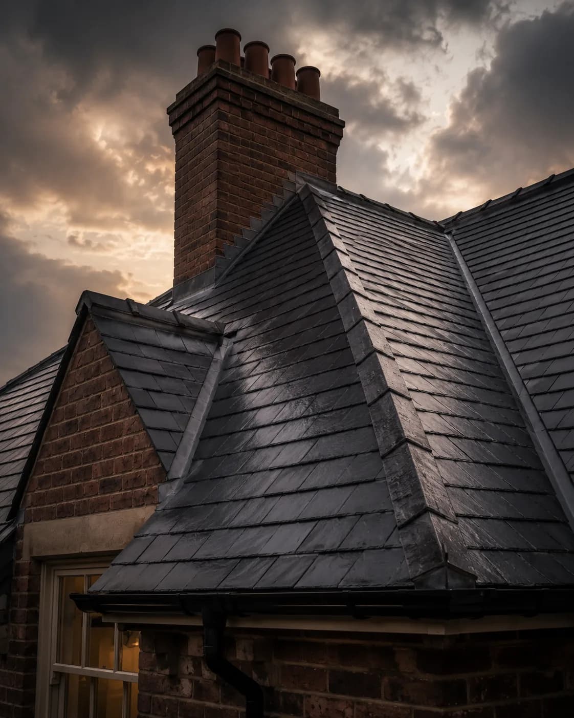 Natural slate roof and chimney detail by Marlborough Builders